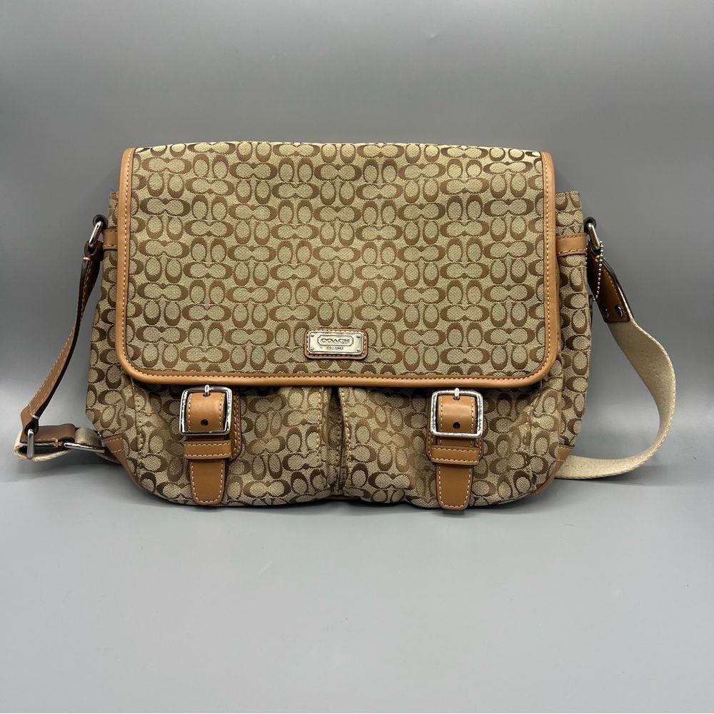Coach Signature Leather Canvas Jacquard Tan Messenger Bag